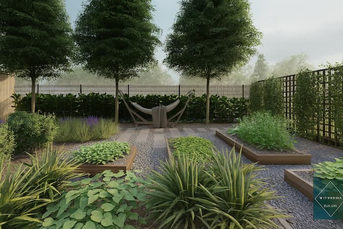 Grafika przedstawiająca nowoczesny ogród miejski